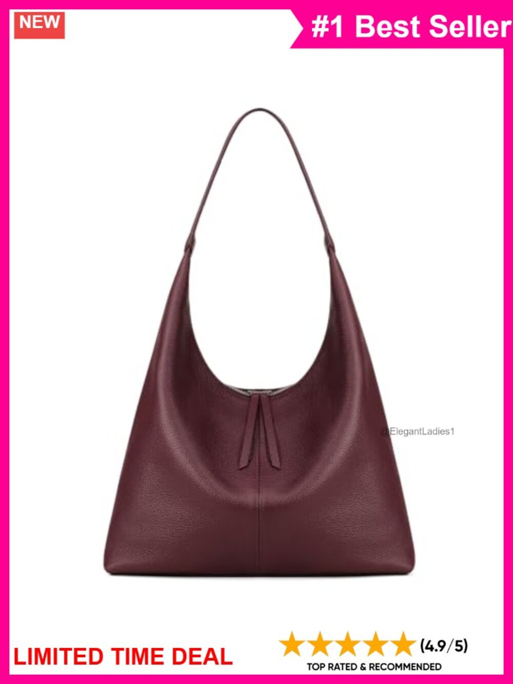 Genuine Leather Slouchy Hobo Shoulder Bag Zipper Casual Everyday Purse